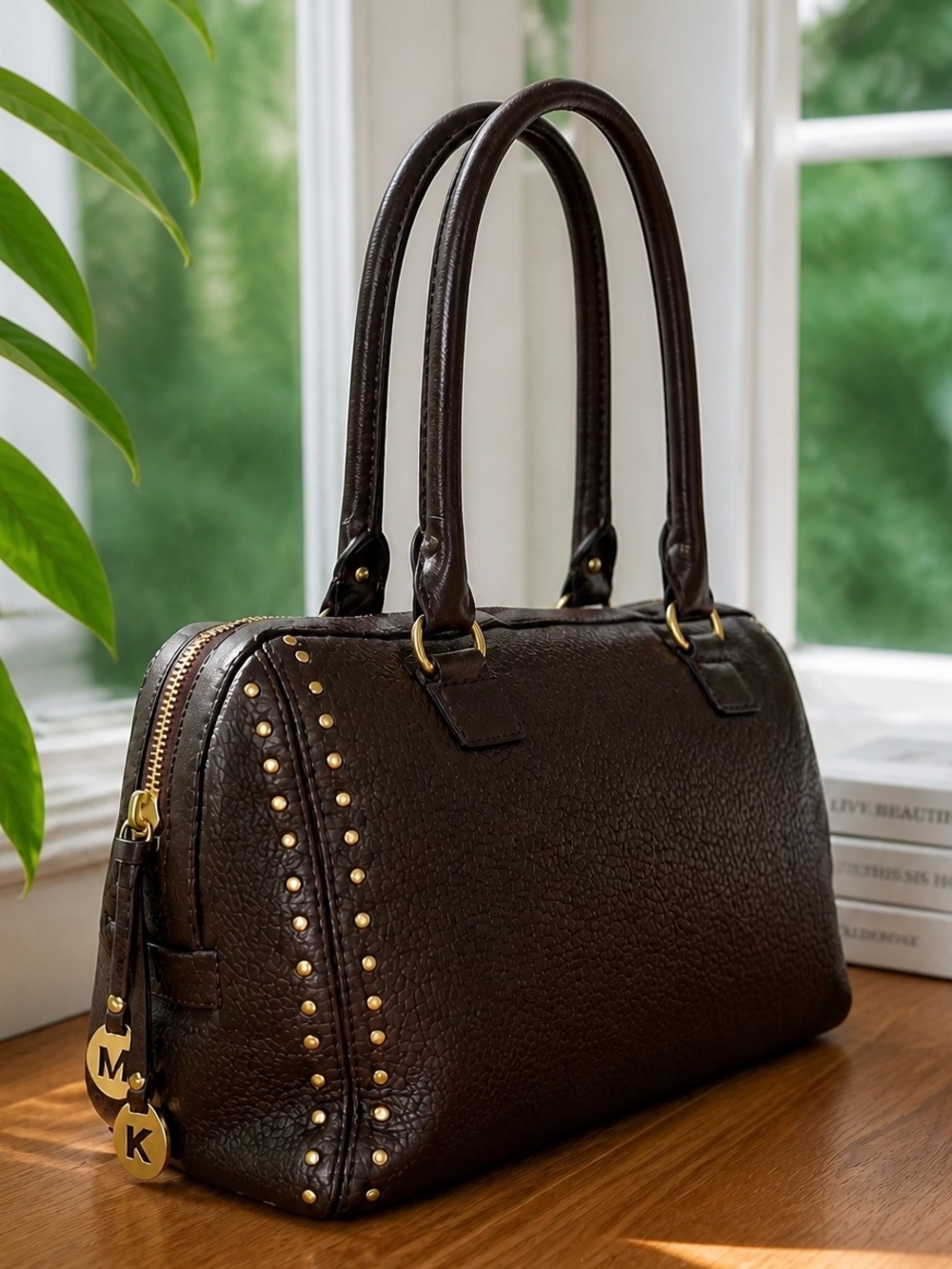 MICHAEL KORS Vintage Brown, Studded, Leather, Satchel